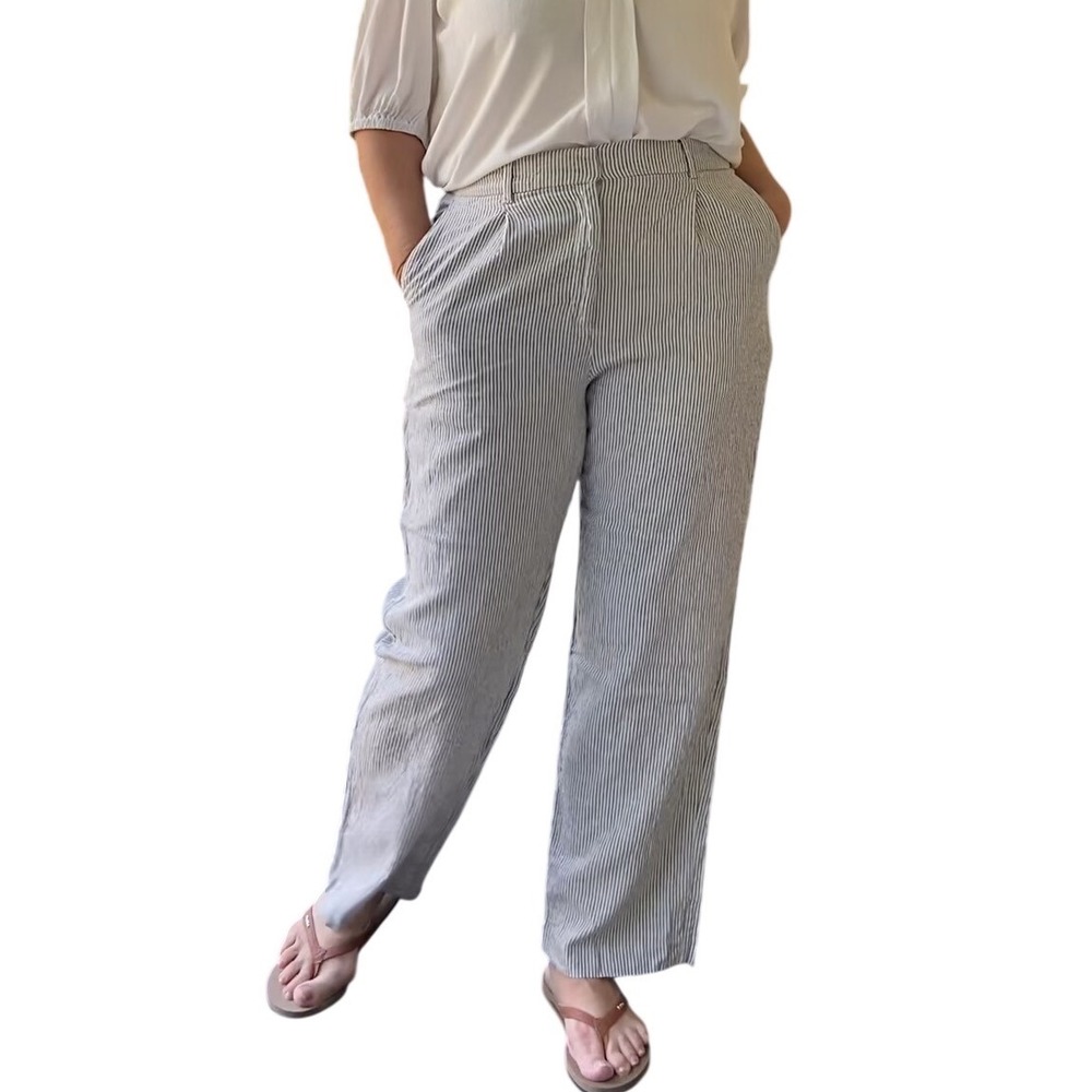 Old Navy Womens Striped Linen Blend Pants Pleated Straight Leg Pants